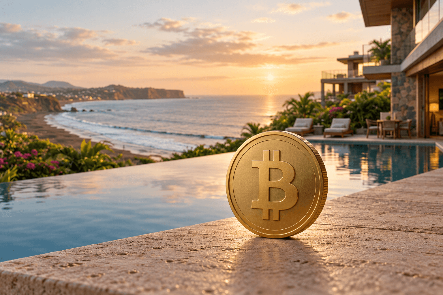 Moneda de Bitcoin dorada junto a la piscina de una villa frente al océano